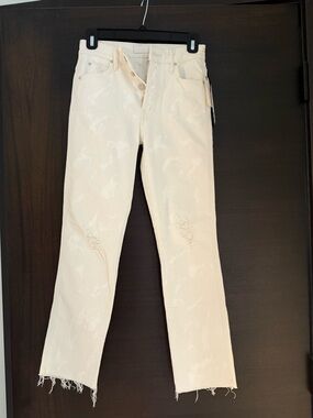 NWT MOTHER Tootsie Fray White Straight-Leg Jeans with Distressed Knees